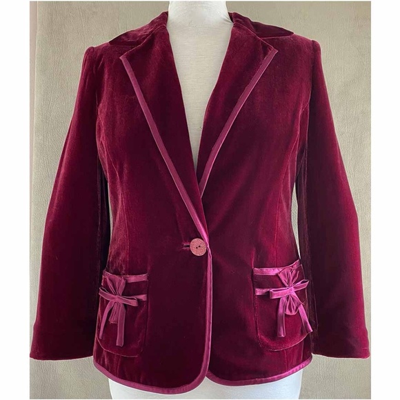 AUSTIN REED Sz 12 Cranberry Red Velvet Satin Trim Jacket / Shortened Sleeve 23" - Picture 2 of 8